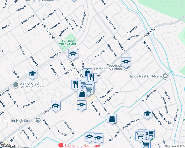 map of restaurants, bars, coffee shops, grocery stores, and more near 3051 Treat Boulevard in Concord