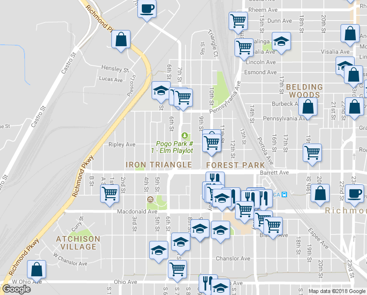 map of restaurants, bars, coffee shops, grocery stores, and more near 716 Maple Avenue in Richmond