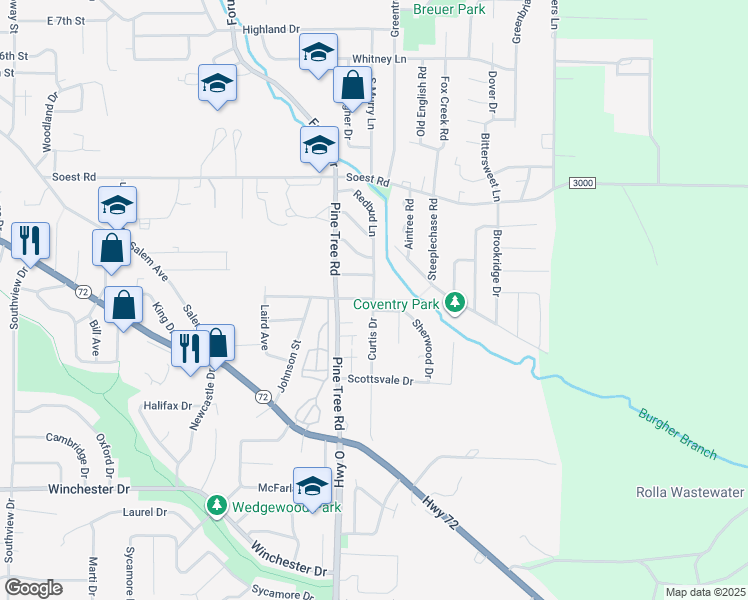 map of restaurants, bars, coffee shops, grocery stores, and more near 503 Sherwood Drive in Rolla