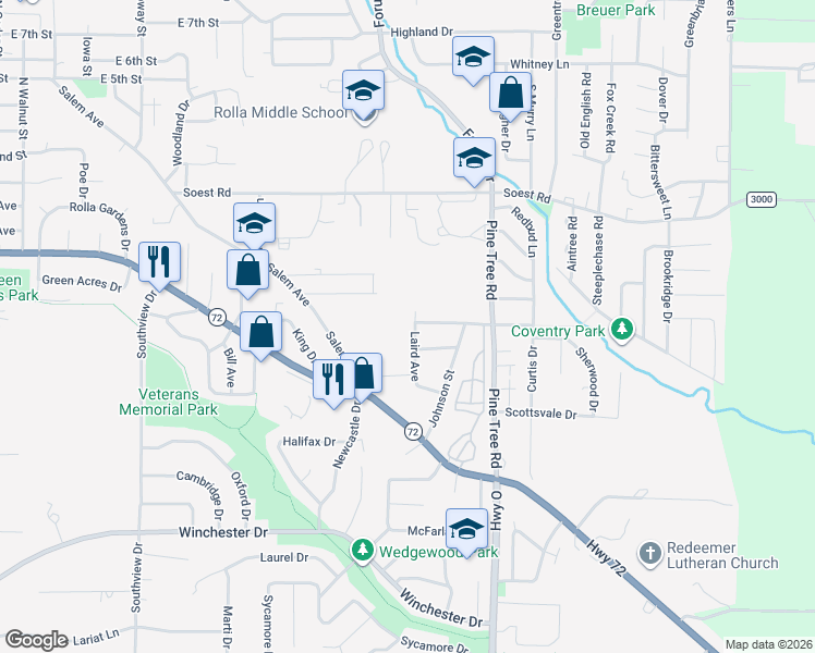 map of restaurants, bars, coffee shops, grocery stores, and more near 12 Laird Avenue in Rolla