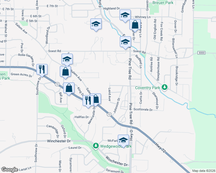 map of restaurants, bars, coffee shops, grocery stores, and more near 15 Laird Avenue in Rolla