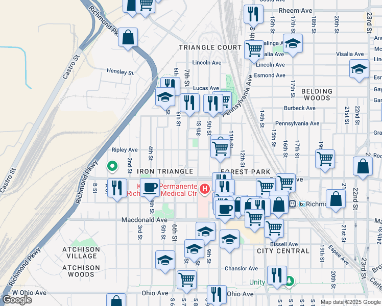 map of restaurants, bars, coffee shops, grocery stores, and more near 718 Ripley Avenue in Richmond