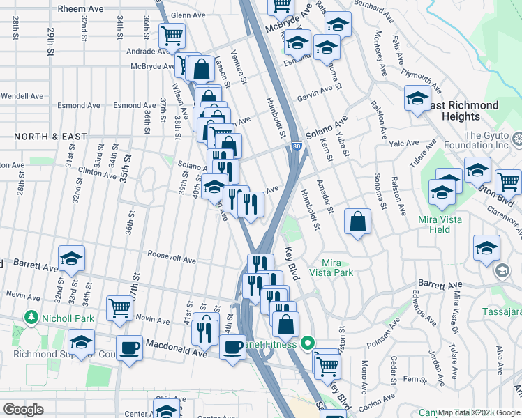 map of restaurants, bars, coffee shops, grocery stores, and more near 680 McLaughlin Street in Richmond