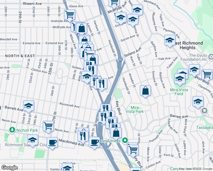 map of restaurants, bars, coffee shops, grocery stores, and more near 680 McLaughlin Street in Richmond