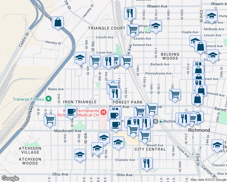 map of restaurants, bars, coffee shops, grocery stores, and more near 1003 Roosevelt Avenue in Richmond