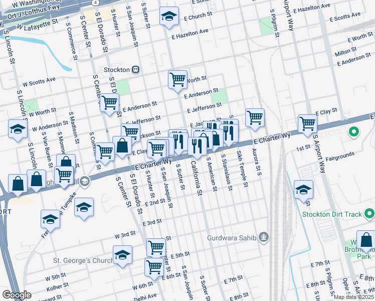 map of restaurants, bars, coffee shops, grocery stores, and more near 1329 California Street in Stockton