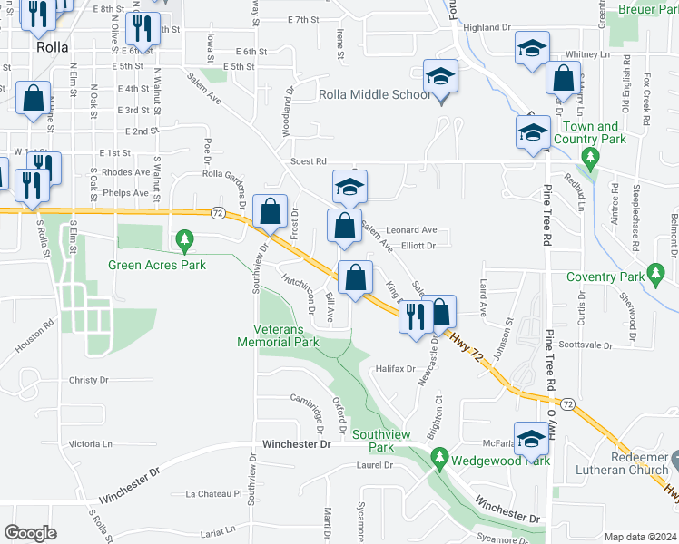 map of restaurants, bars, coffee shops, grocery stores, and more near 76 Summit Avenue in Rolla