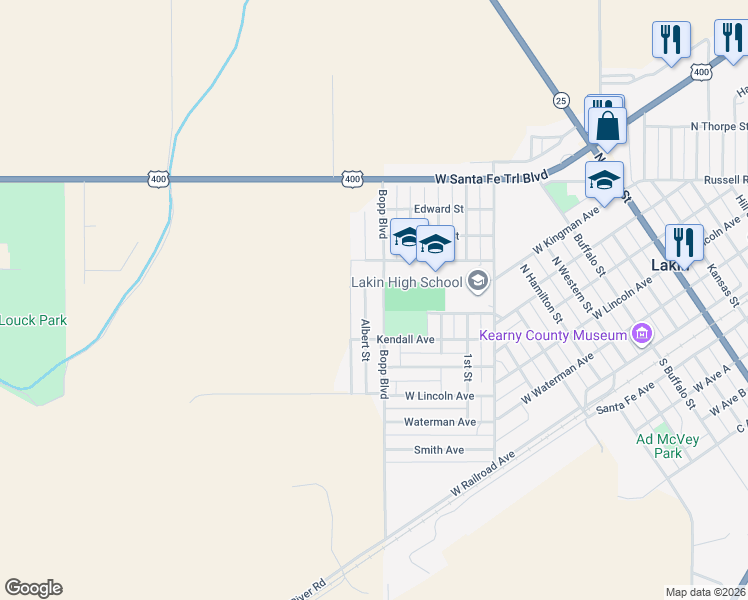 map of restaurants, bars, coffee shops, grocery stores, and more near Bopp Boulevard in Lakin