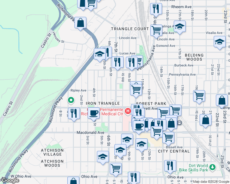 map of restaurants, bars, coffee shops, grocery stores, and more near 716 Maple Avenue in Richmond