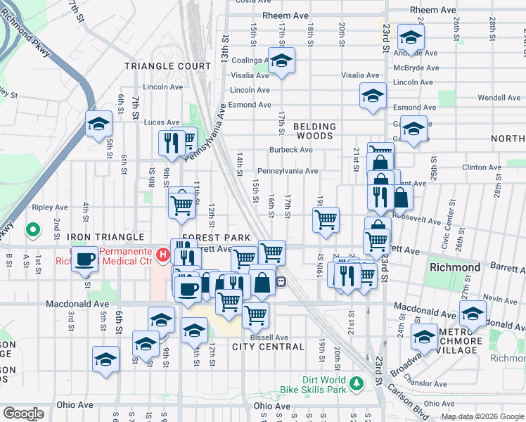 map of restaurants, bars, coffee shops, grocery stores, and more near 553 16th Street in Richmond