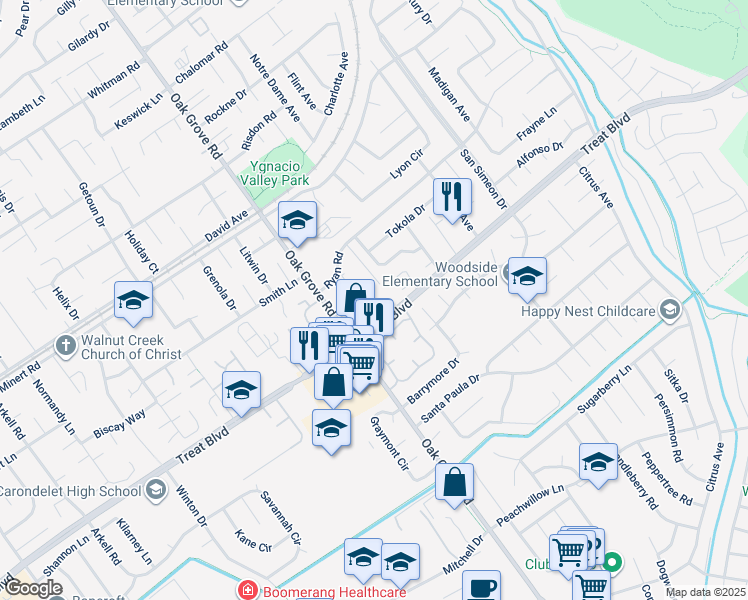 map of restaurants, bars, coffee shops, grocery stores, and more near 3051 Treat Boulevard in Concord