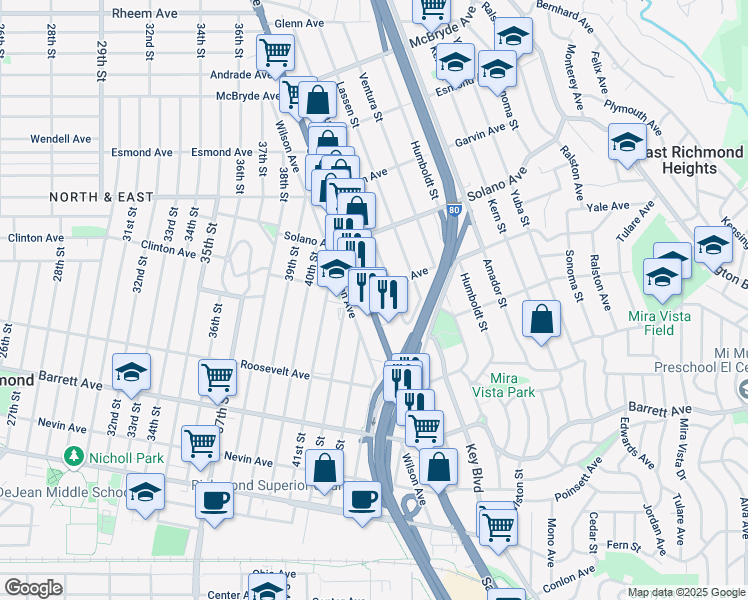 map of restaurants, bars, coffee shops, grocery stores, and more near 12450 San Pablo Avenue in Richmond