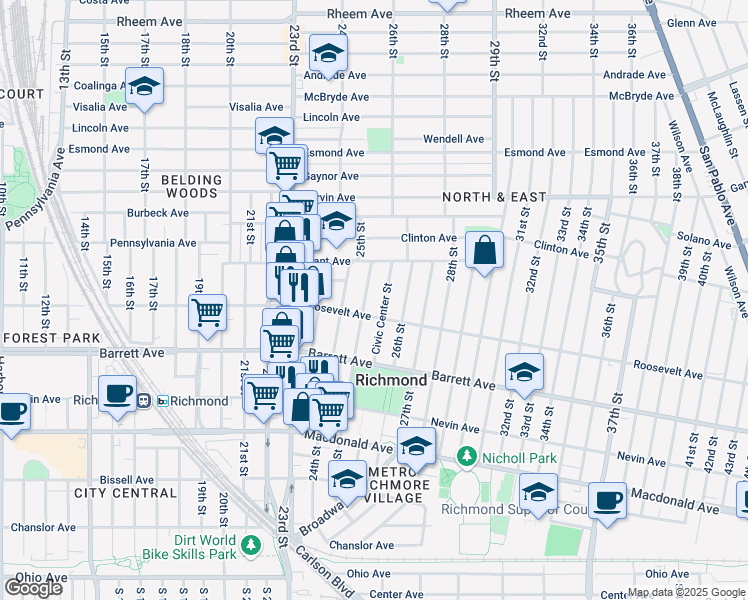 map of restaurants, bars, coffee shops, grocery stores, and more near 578 25th Street in Richmond