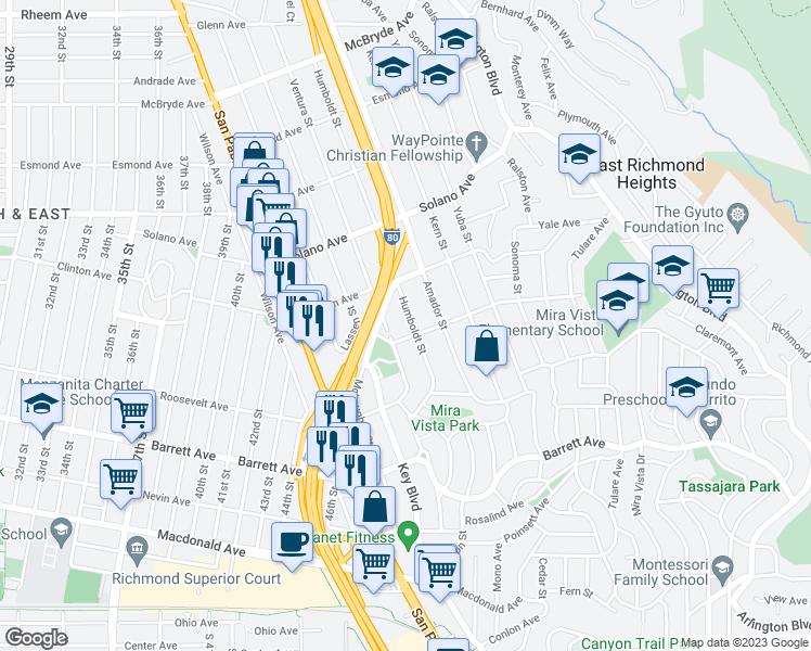 map of restaurants, bars, coffee shops, grocery stores, and more near 5202 Sierra Avenue in Richmond