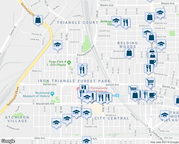 map of restaurants, bars, coffee shops, grocery stores, and more near 1109 Roosevelt Ave in Richmond