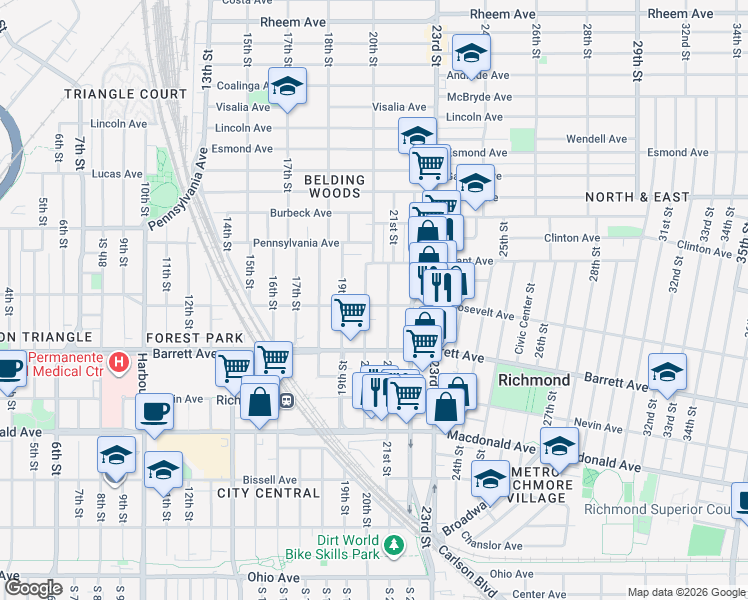 map of restaurants, bars, coffee shops, grocery stores, and more near 560 20th Street in Richmond