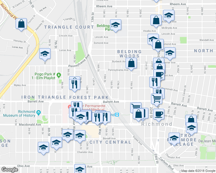 map of restaurants, bars, coffee shops, grocery stores, and more near 1515 Roosevelt Avenue in Richmond