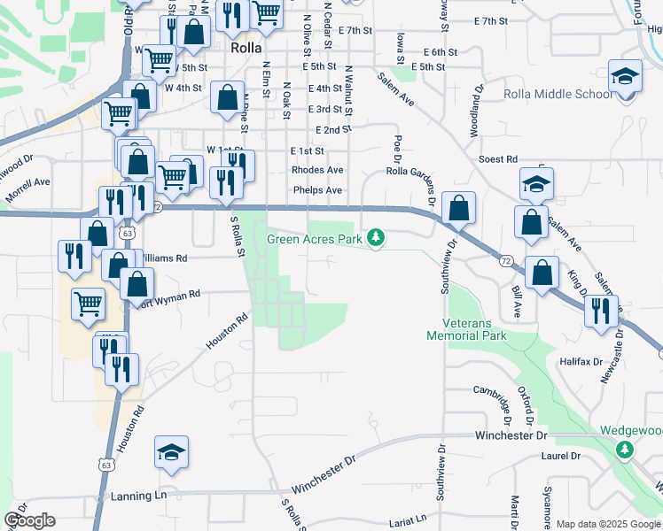 map of restaurants, bars, coffee shops, grocery stores, and more near 306 Mossman Lane in Rolla