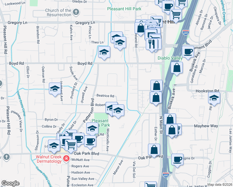 map of restaurants, bars, coffee shops, grocery stores, and more near 421 Beatrice Road in Pleasant Hill