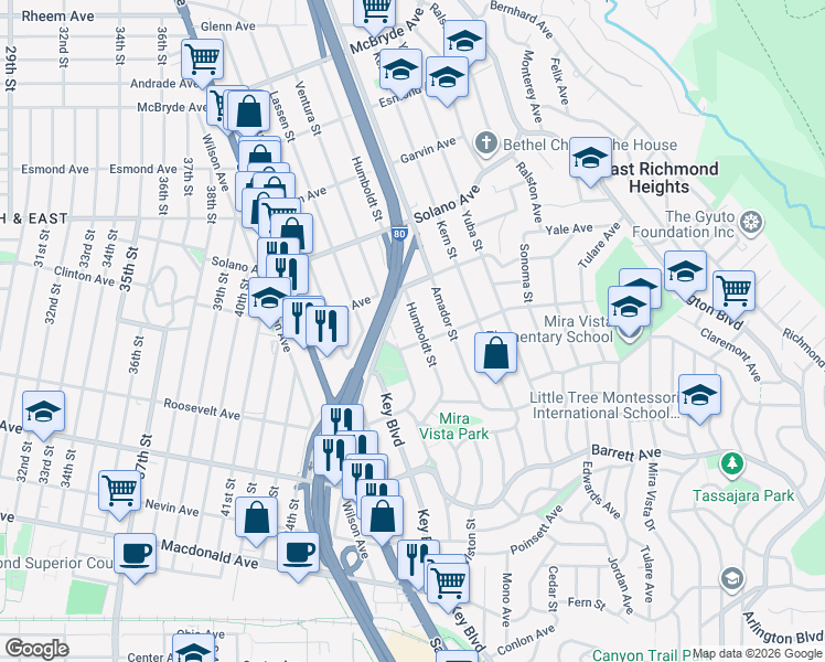 map of restaurants, bars, coffee shops, grocery stores, and more near 5202 Sierra Avenue in Richmond