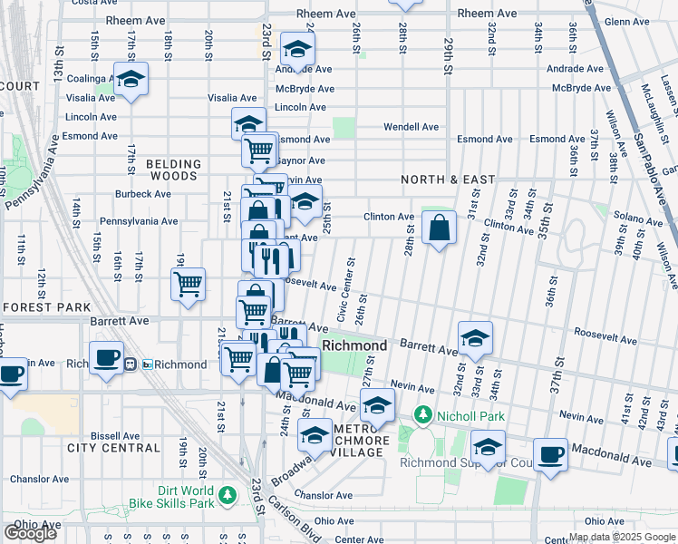 map of restaurants, bars, coffee shops, grocery stores, and more near 578 25th Street in Richmond