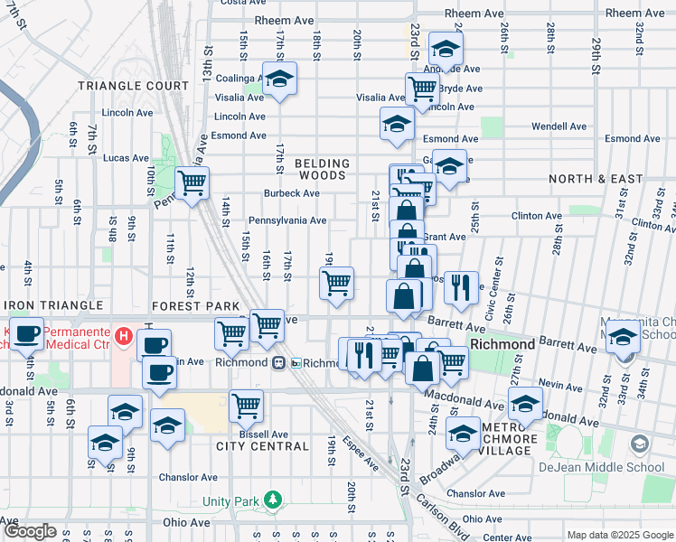 map of restaurants, bars, coffee shops, grocery stores, and more near 560 20th Street in Richmond