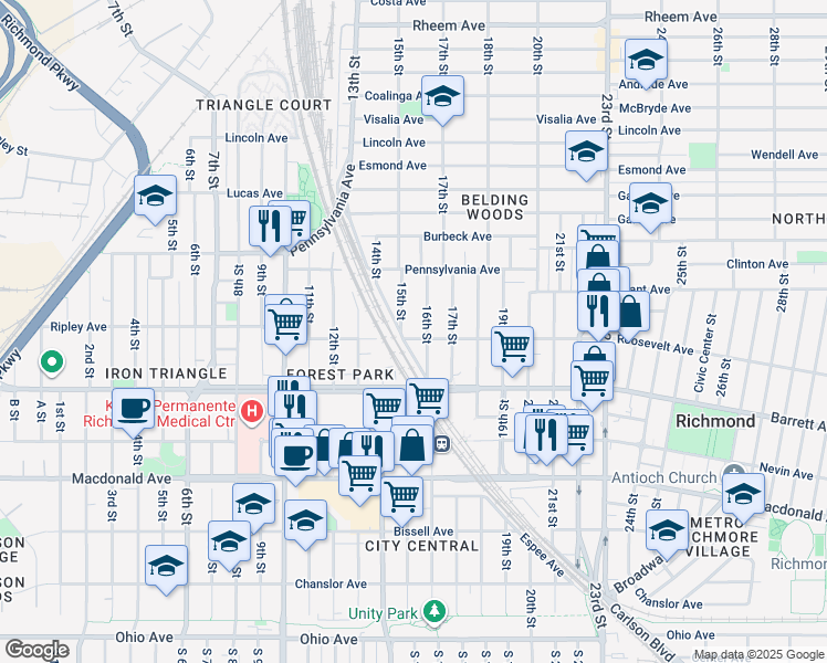 map of restaurants, bars, coffee shops, grocery stores, and more near 553 16th Street in Richmond