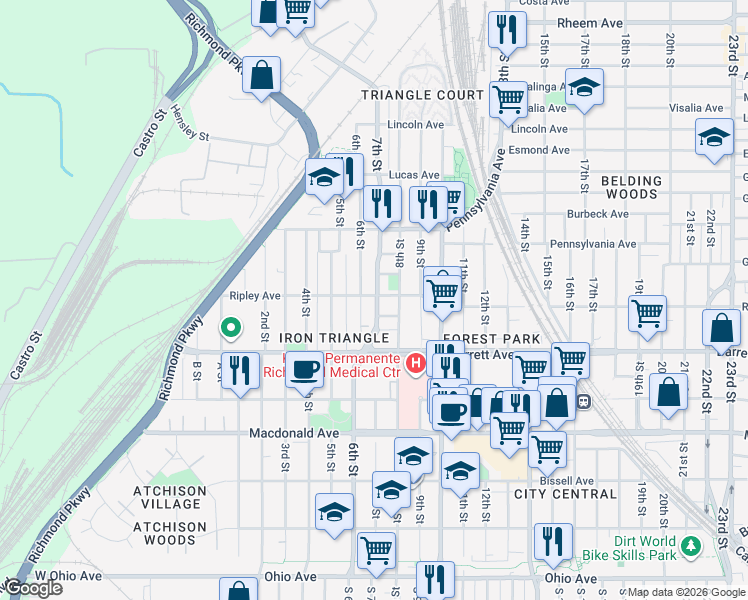 map of restaurants, bars, coffee shops, grocery stores, and more near 716 Maple Avenue in Richmond