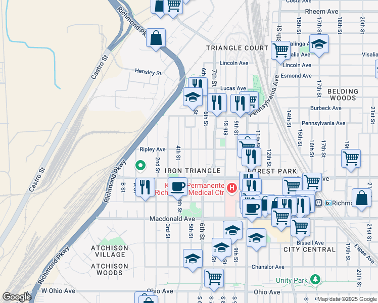 map of restaurants, bars, coffee shops, grocery stores, and more near 589 5th Street in Richmond