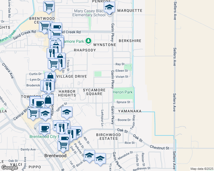 map of restaurants, bars, coffee shops, grocery stores, and more near 462 Effie Court in Brentwood