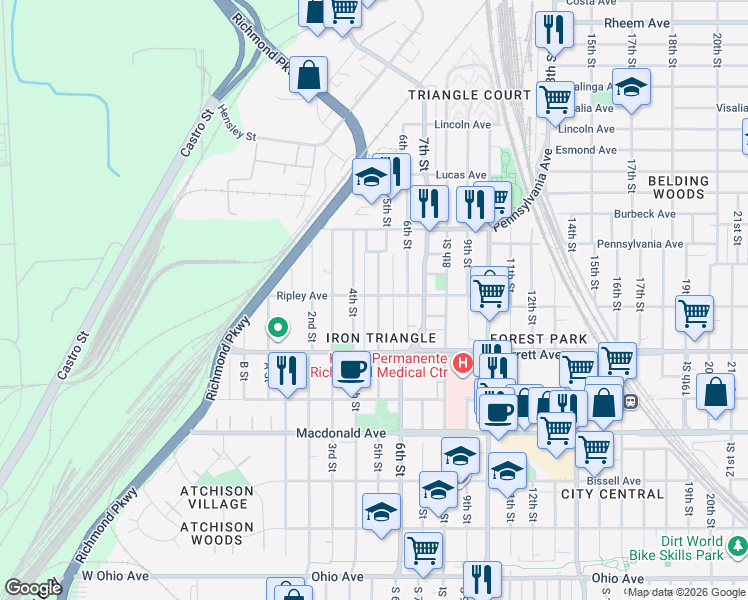 map of restaurants, bars, coffee shops, grocery stores, and more near 589 5th Street in Richmond