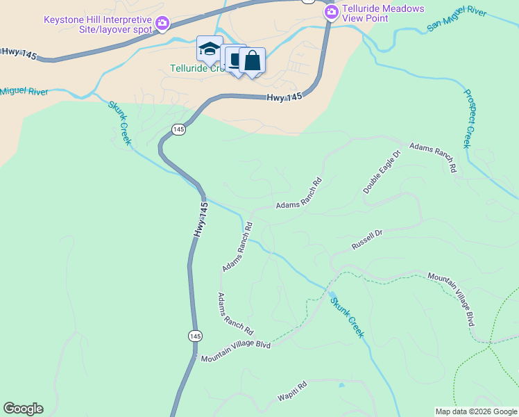 map of restaurants, bars, coffee shops, grocery stores, and more near 178 Adams Ranch Rd in Mountain Village