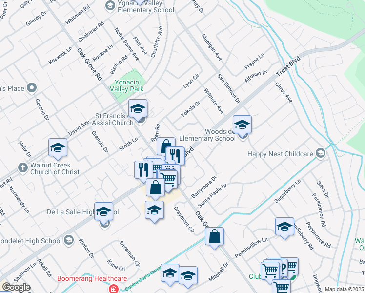 map of restaurants, bars, coffee shops, grocery stores, and more near 3051 Treat Boulevard in Concord