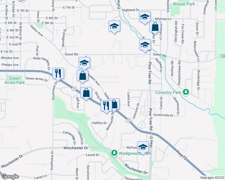 map of restaurants, bars, coffee shops, grocery stores, and more near 707 Salem Avenue in Rolla