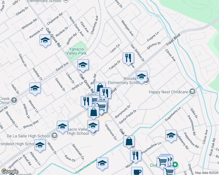 map of restaurants, bars, coffee shops, grocery stores, and more near 3051 Treat Boulevard in Concord