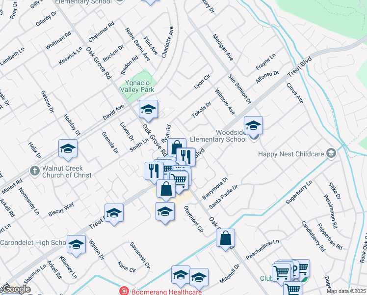 map of restaurants, bars, coffee shops, grocery stores, and more near 810 Oak Grove Road in Concord