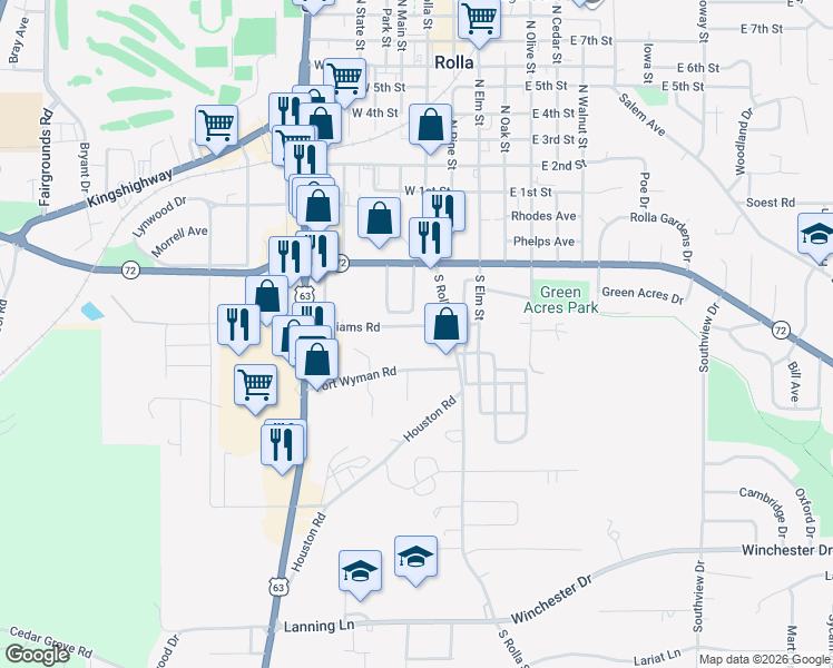 map of restaurants, bars, coffee shops, grocery stores, and more near 16 Southbrook Drive in Rolla