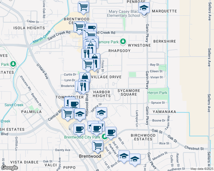map of restaurants, bars, coffee shops, grocery stores, and more near 1018 Sycamore Avenue in Brentwood