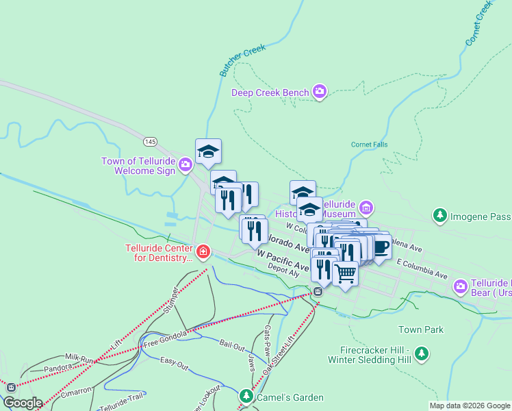 map of restaurants, bars, coffee shops, grocery stores, and more near 609 1/2 West Galena Avenue in Telluride