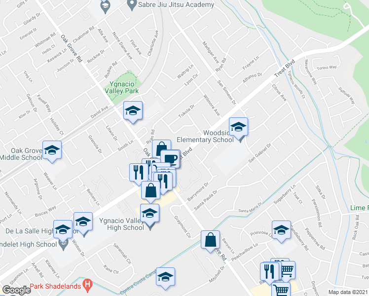 map of restaurants, bars, coffee shops, grocery stores, and more near 3055 Treat Boulevard in Concord