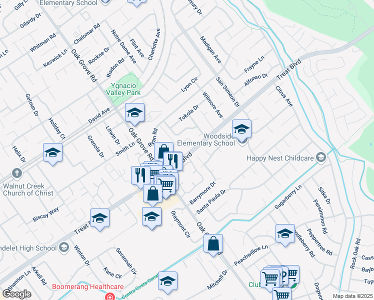 map of restaurants, bars, coffee shops, grocery stores, and more near 3055 Treat Boulevard in Concord