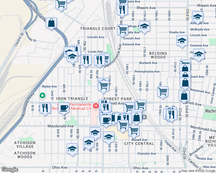map of restaurants, bars, coffee shops, grocery stores, and more near 619 11th Street in Richmond