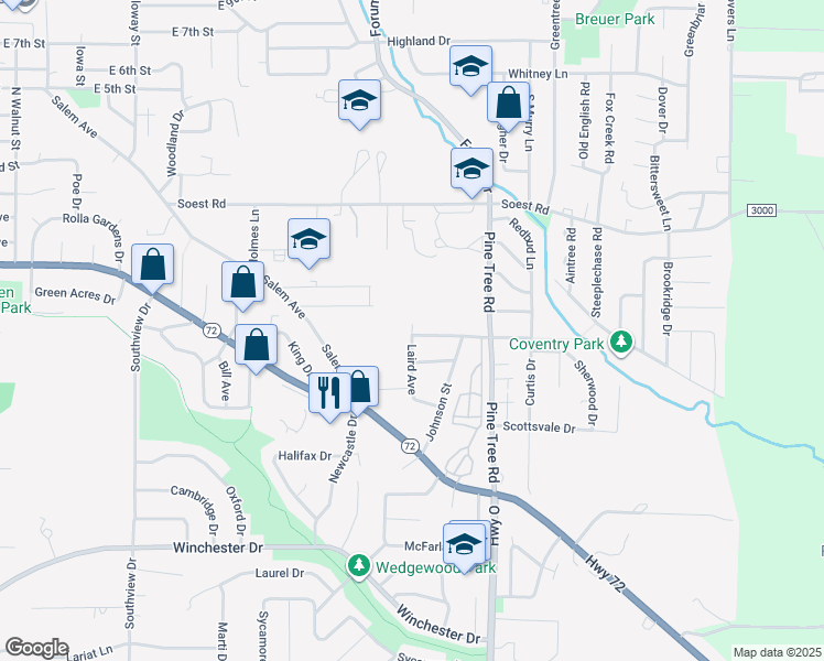 map of restaurants, bars, coffee shops, grocery stores, and more near 11 Laird Avenue in Rolla