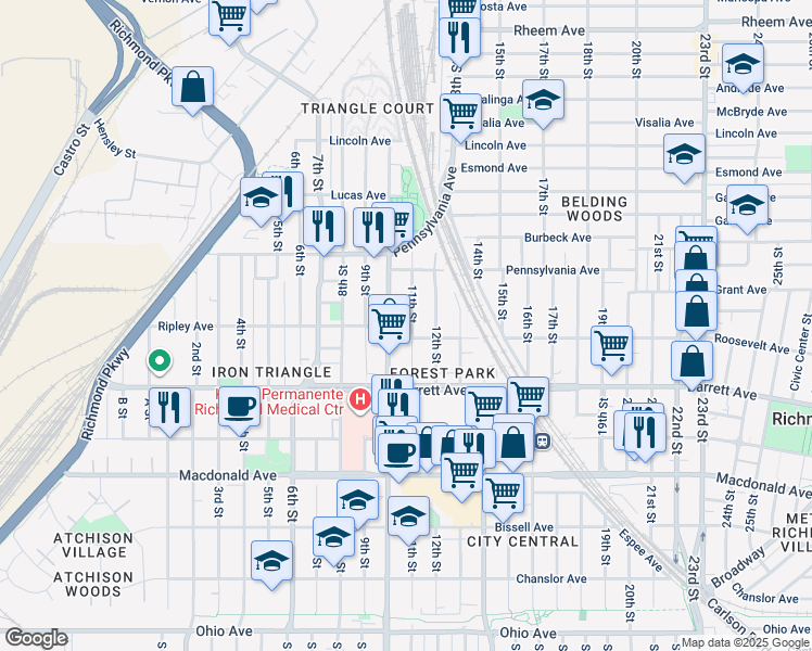 map of restaurants, bars, coffee shops, grocery stores, and more near 619 11th Street in Richmond