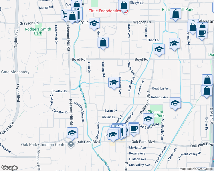 map of restaurants, bars, coffee shops, grocery stores, and more near 3 Oakvue Court in Pleasant Hill