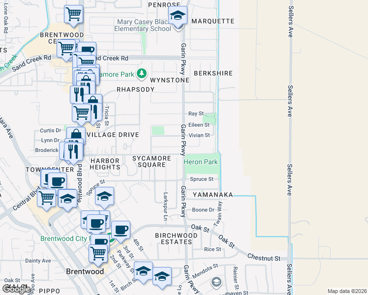map of restaurants, bars, coffee shops, grocery stores, and more near Garin Parkway in Brentwood