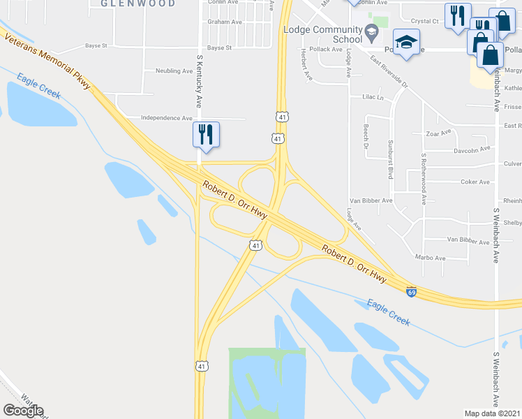 map of restaurants, bars, coffee shops, grocery stores, and more near Robert D. Orr Highway in Evansville