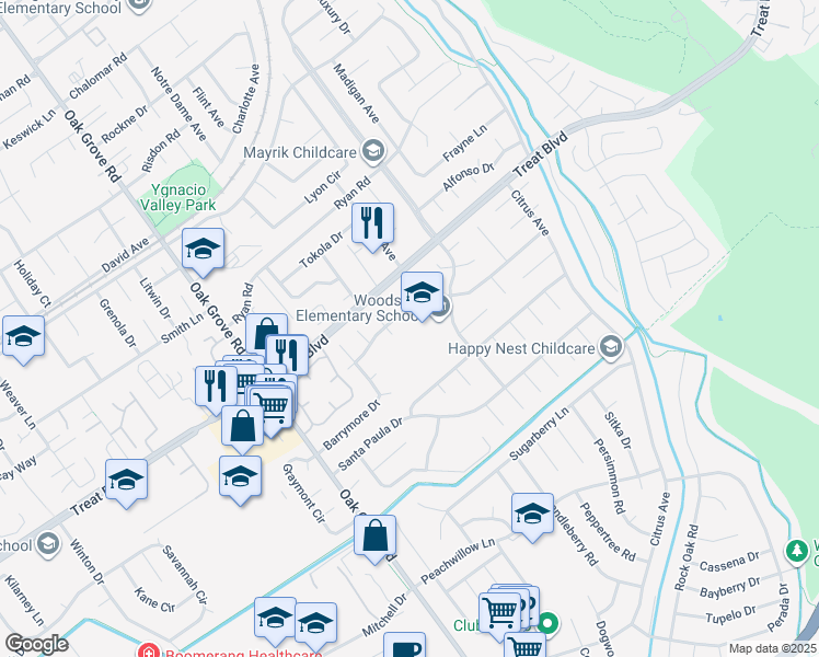 map of restaurants, bars, coffee shops, grocery stores, and more near 3230 McKean Drive in Concord