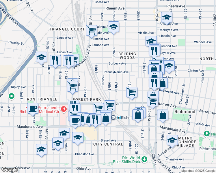 map of restaurants, bars, coffee shops, grocery stores, and more near 628 15th Street in Richmond
