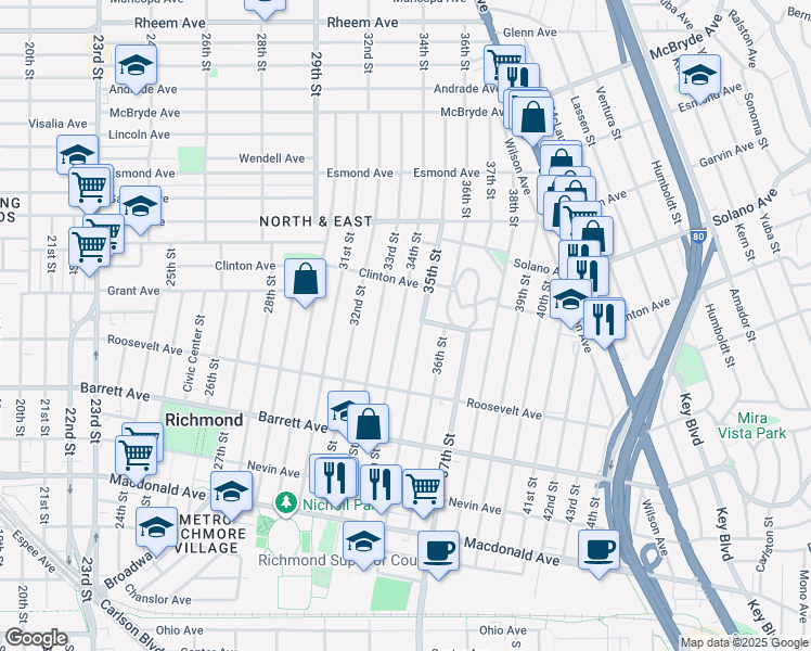 map of restaurants, bars, coffee shops, grocery stores, and more near 656 34th Street in Richmond